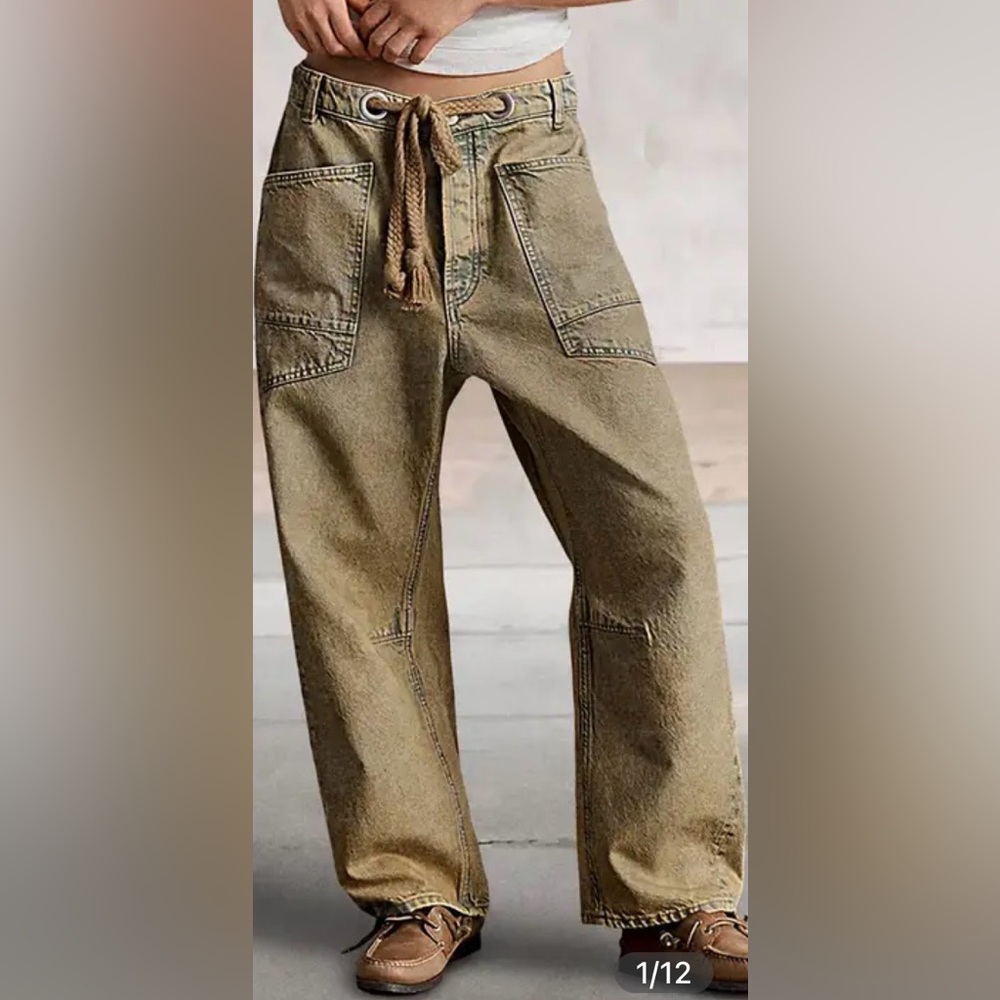 Flamingals Solid Patch Pocket Drawstring Mid Rise Straight Leg Jeans